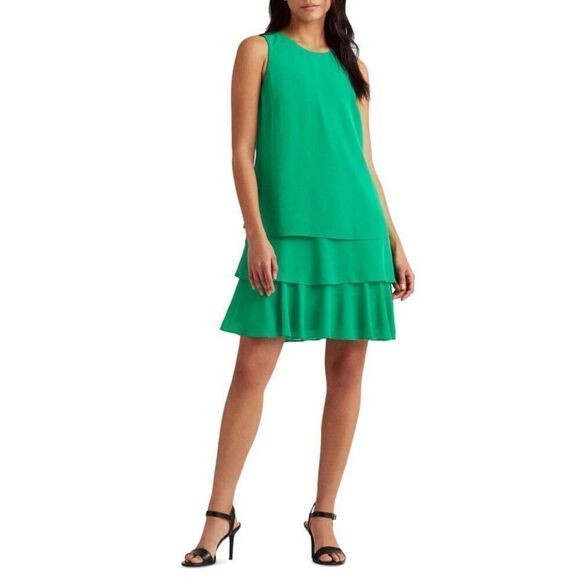 Lauren Ralph Lauren Shift Dress Size 12 Green Round Neck Ruffled NWT - Picture 1 of 13